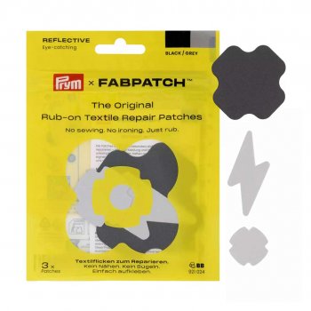 En gul förpackning som innehåller 3 självhäftande reflexer från FabPatch.