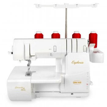 Baby Lock Euphora covermaskin trädd med röd tråd