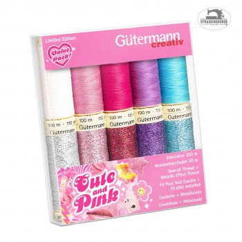 Trådset med vanlig polyester- och metallictråd. Färgerna är inspirerade av Barbie.