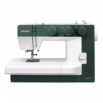 Mekanisk symaskin Janome 1522GN i mörkgrön färg. Modellen är uppbyggd med ett robust chassi, mekaniska vred för stygnval och ett