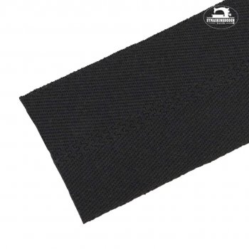 Svart band som anvands till att kanta mattor och annan grov textil