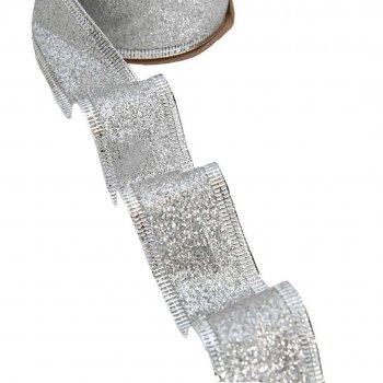 Silvrigt band med glitter och stålkant i bredd 25 mm