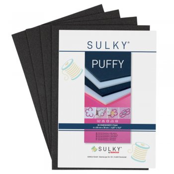 Fyra svarta ark av SULKY Puffy Soft (3 mm), ett mjukt skumgummi-mellanlägg för 3D-broderi och tredimensionella effekter