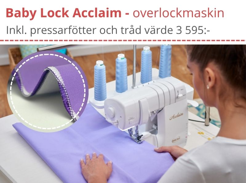 Just nu får du ett kitt med pressarfötter och häftiga tråden wooly nylon med när du köper en Baby Lock Acclaim!