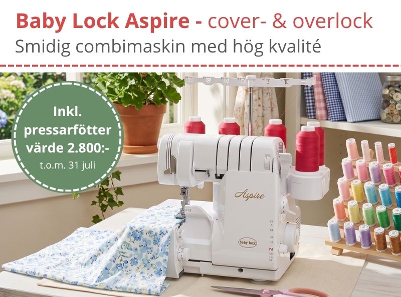 Till och med 31 juli ingår det pressarfötter för 2800kr när du köper combimaskinen Baby Lock Aspire