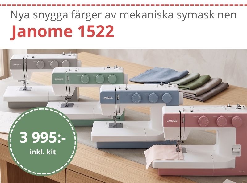 Nya sommriga färger av populära mekaniska symaskinen Janome 1522. Just nu medföljer ett kitt med pressarfötter för klädsömnad!